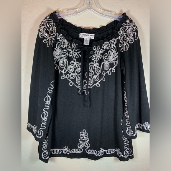 Lauren Michelle Tops - Lauren Michelle Black White Silver Stitched Embroidered Split 3/4 Sleeve M 0581‎